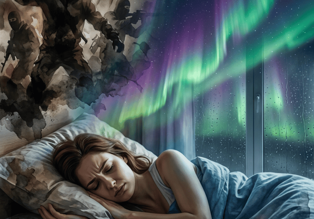 Distressed woman sleeping under blue blankets as masked figures loom beneath auroras
